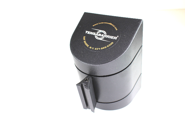 Tensabarrier Retractable Belt Barrier, Yellow Belt, Black Wall Mount