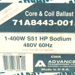Philips Advance 71A8443-001D Core & Coil Ballast Kit, 480V, 1-400W S51 HP Sodium