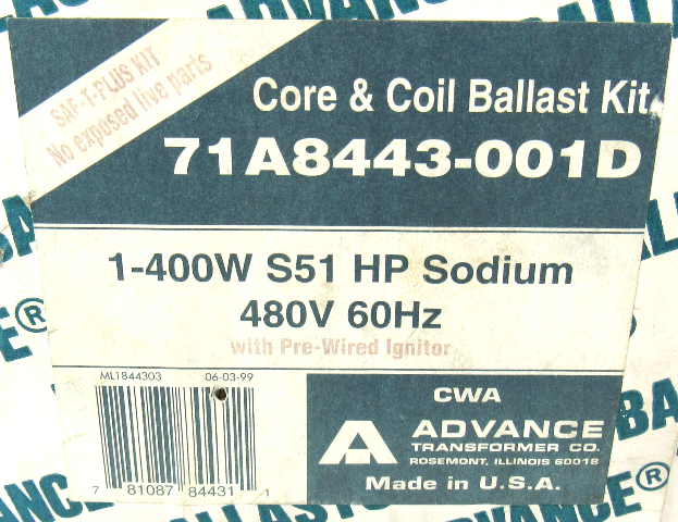 Philips Advance 71A8443-001D Core & Coil Ballast Kit, 480V, 1-400W S51 HP Sodium