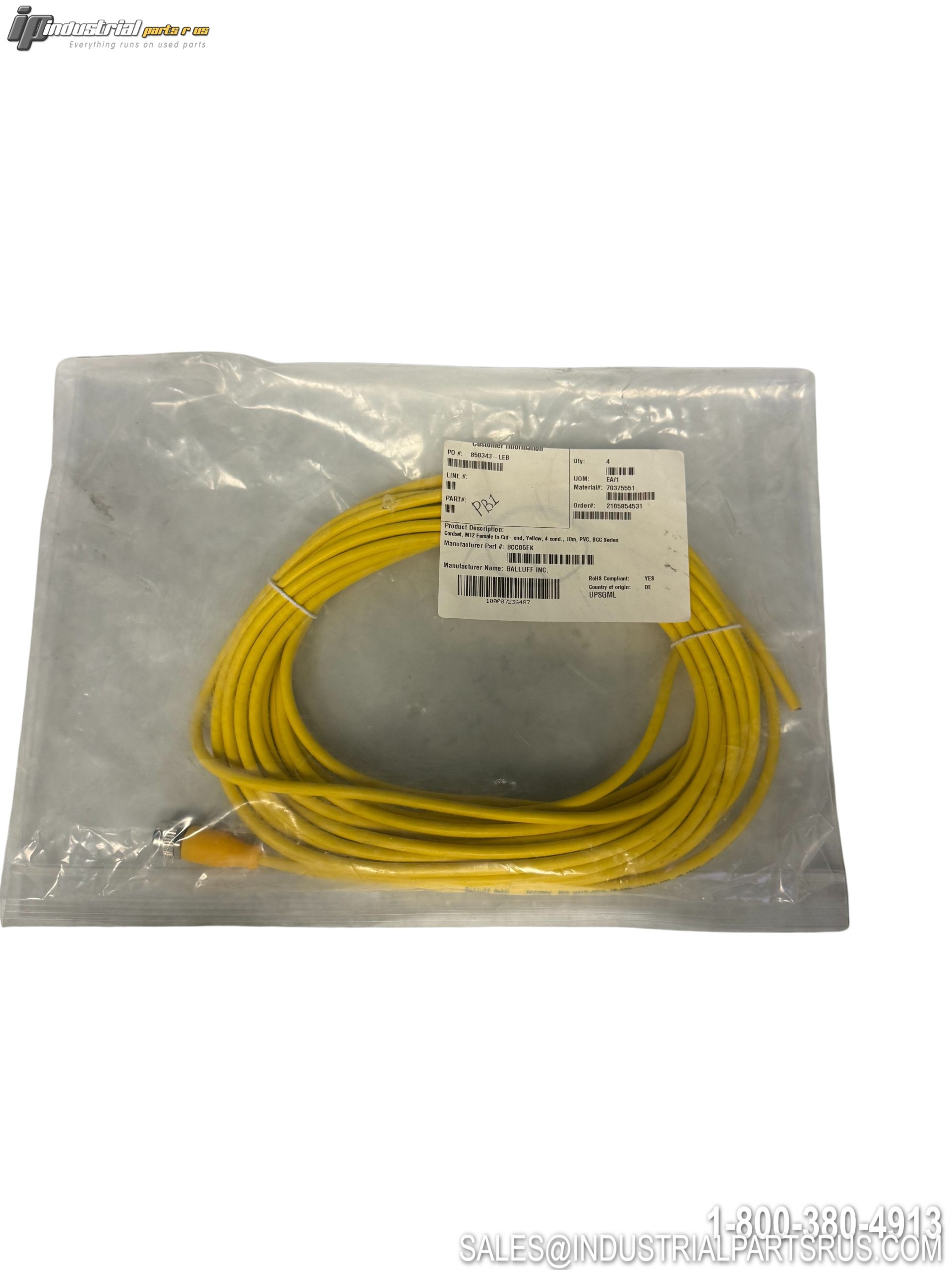 Balluff BCC05FK Single-Ended M12 Sensor Cable 10m PVC Yellow 250VAC 4A
