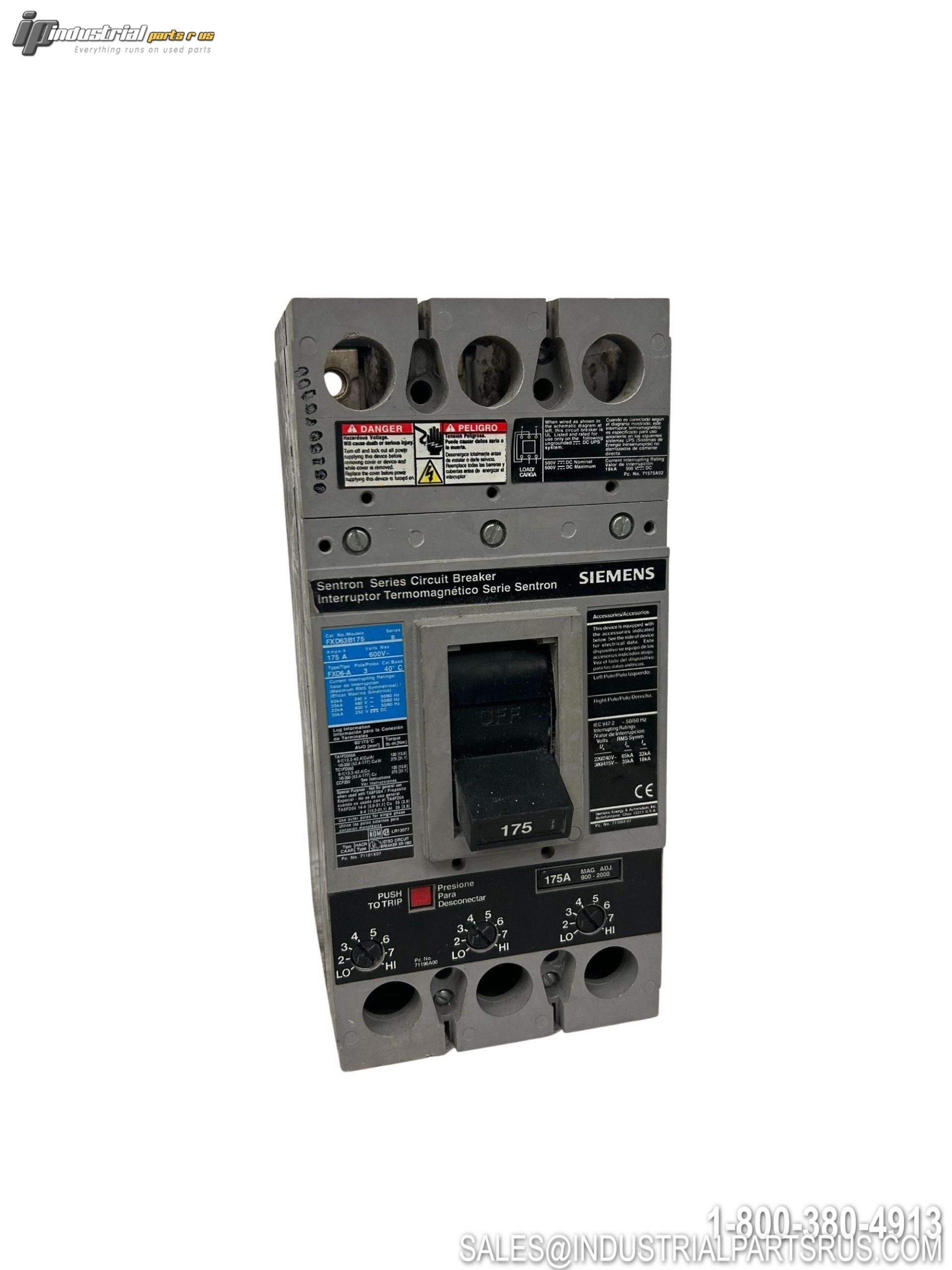 Siemens FXD63B175 175A 3-Pole 600VAC Circuit Breaker Thermal Magnetic FXD
